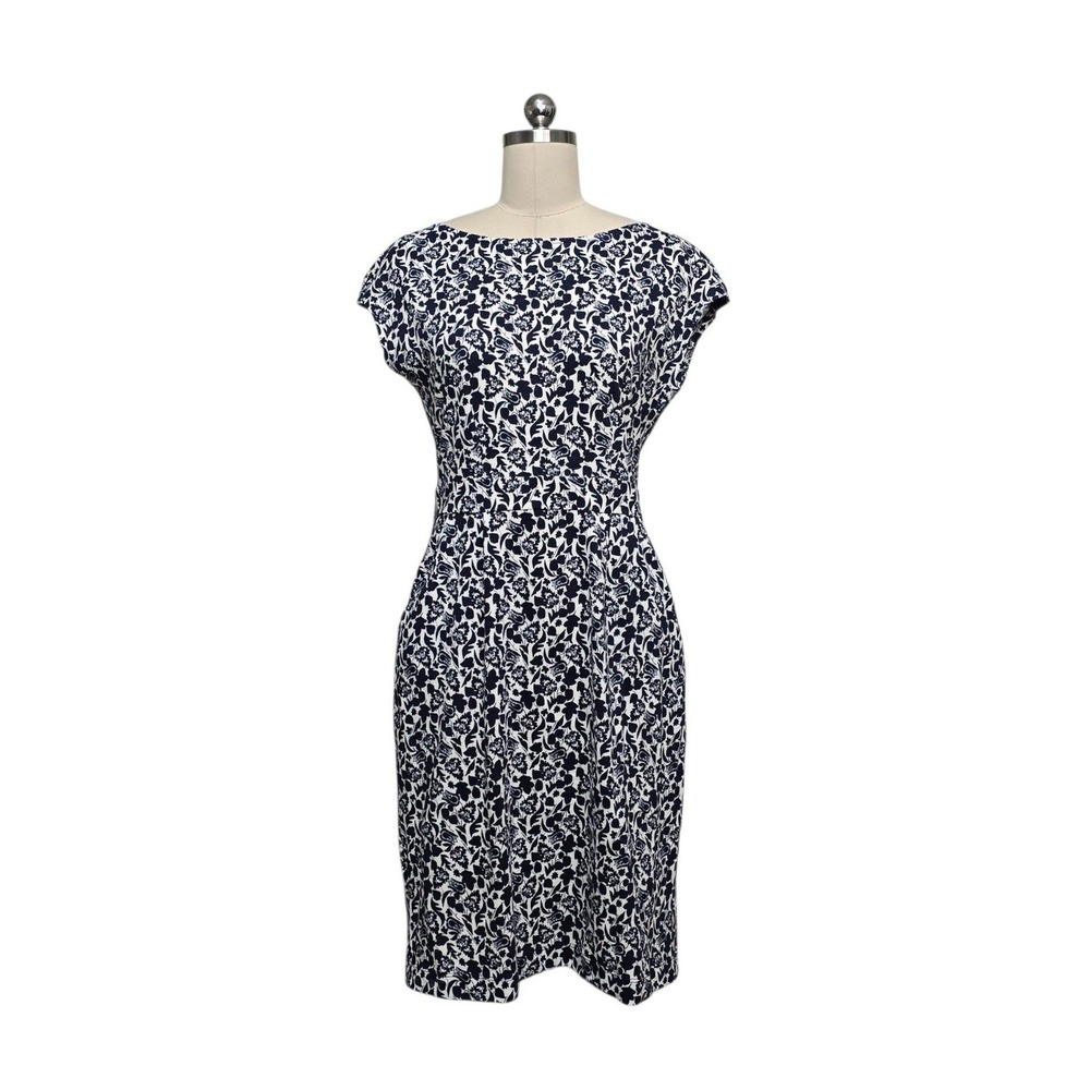 Boden Navy White Floral Cotton Sheath Dress US 6R UK 10R Boat Neck Sleeveless